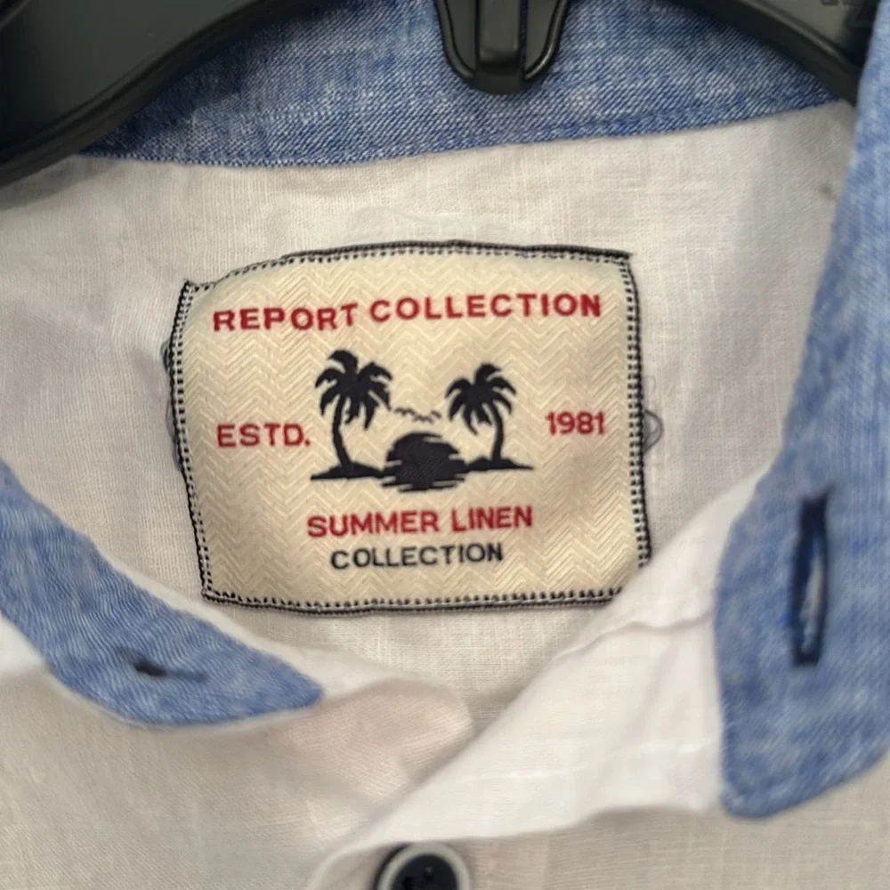 Report Collection White Linen Blend Short Sleeve Button Down Shirt size M EUC‎